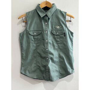Mickey Unlimited Button Up Sleeveless Shirt Womens M Green Embroidered 90s